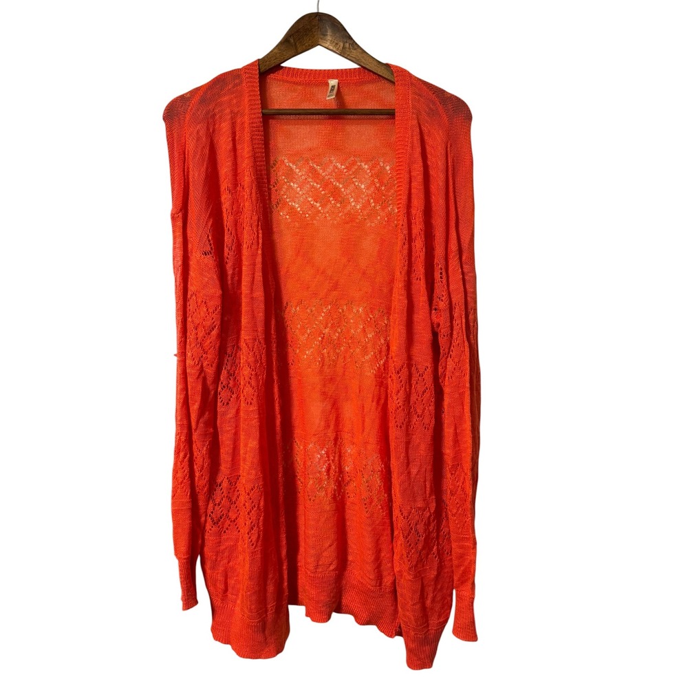 Grecerelle Cardigan Women 2XL Orange Pointelle Knit Open Front Longline